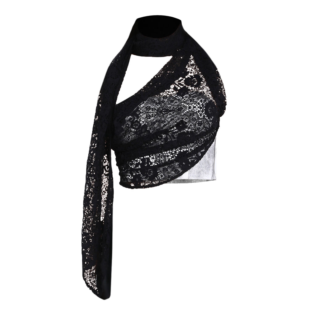 Lace Denim Halter Tube Top with Extra Long Lace Scarf