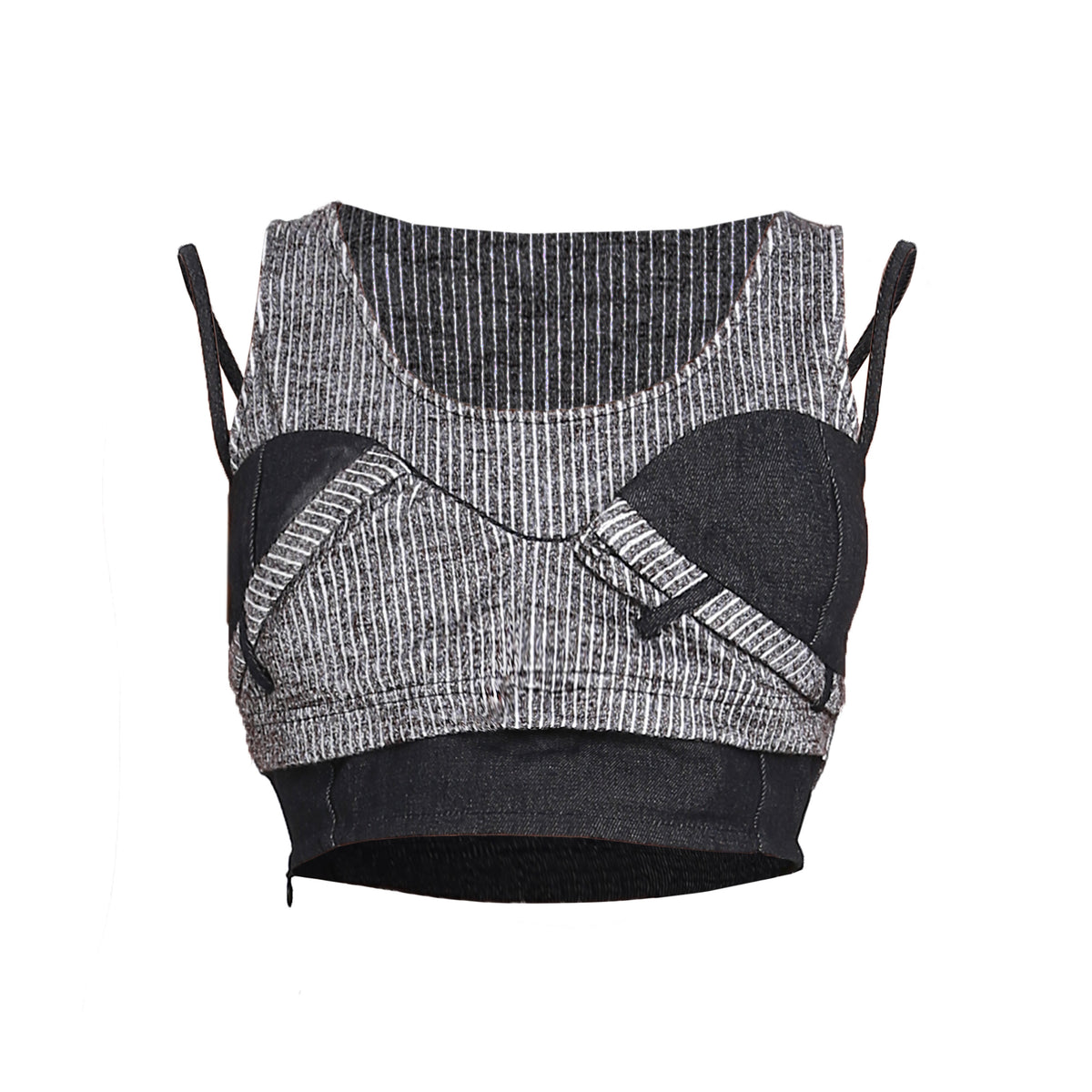Striped Knit Denim Patchwork High-Rise Crop Tank Top With Built-In Bra Pads