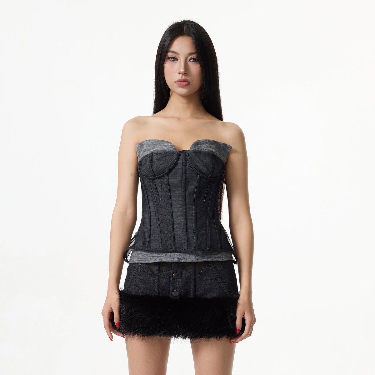 fishbone mesh denim tube top