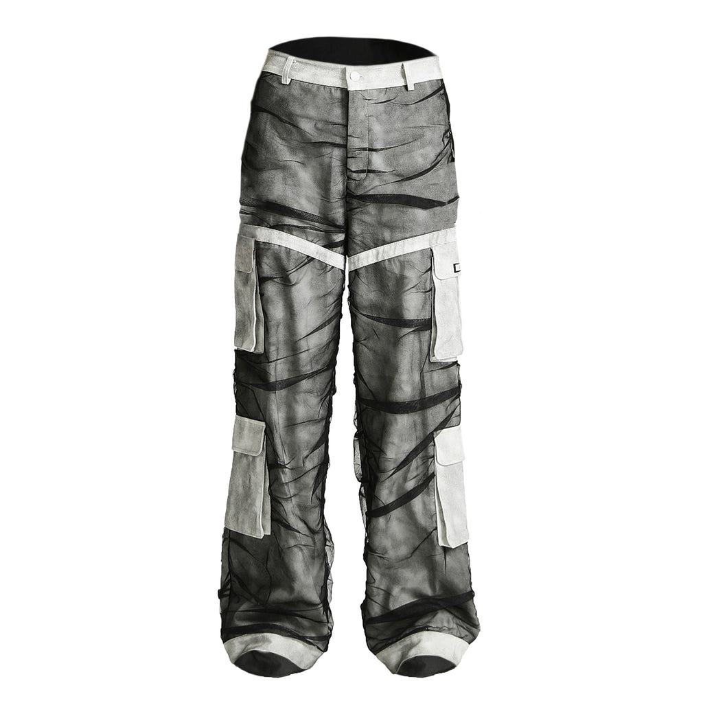 Unisex Mesh Denim Panel Loose Straight Cargo Pants