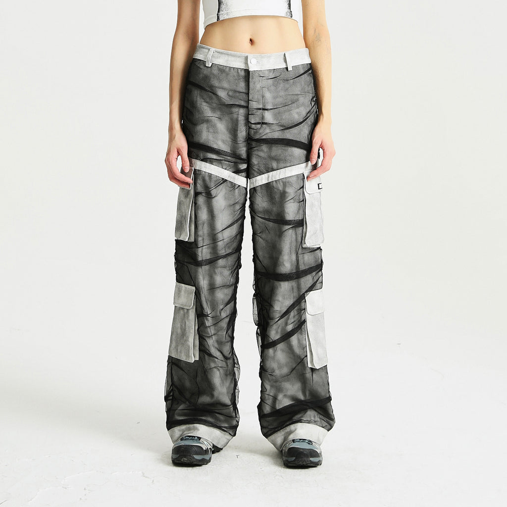 Unisex Mesh Denim Panel Loose Straight Cargo Pants