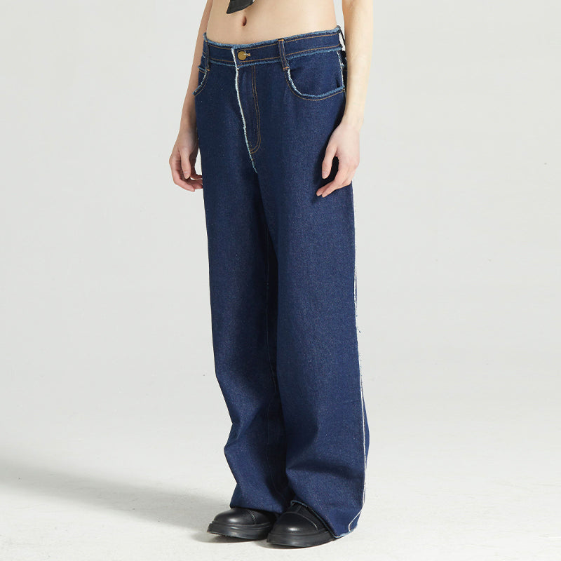 Unisex Low-Rise Raw Edge Washed Wide Leg Jeans