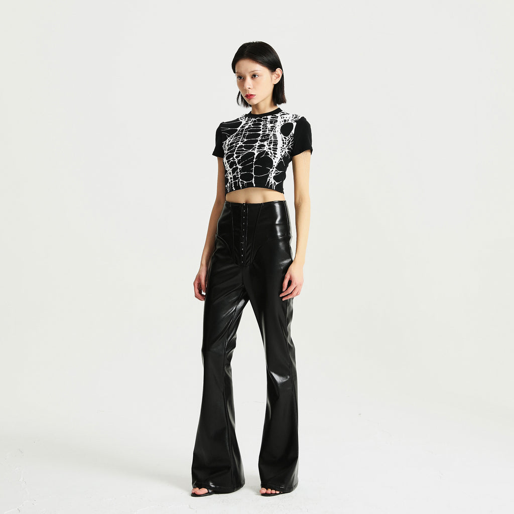 Printed Fitted High Waist Black T-shirt
