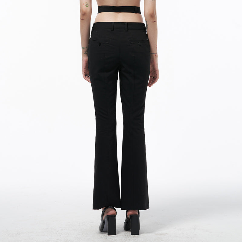 Wrap Strap Double Waist Micro Flare Trousers with Center Front Slit