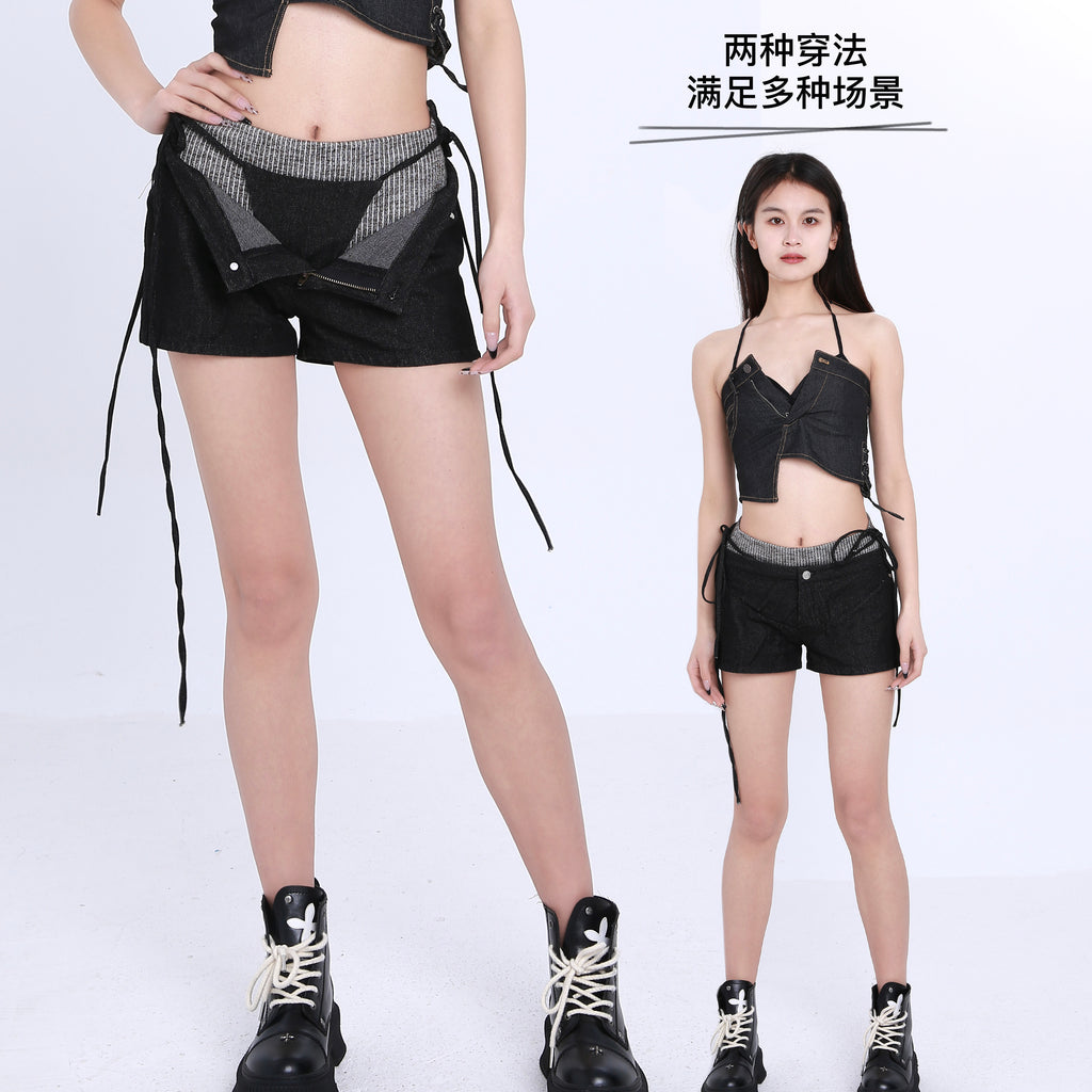Striped Knit Patchwork Denim Hot Shorts, Two Ways To Wear