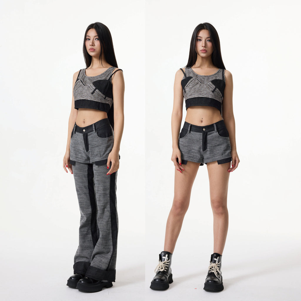 Striped Knit Denim Patchwork High-Rise Crop Tank Top With Built-In Bra Pads