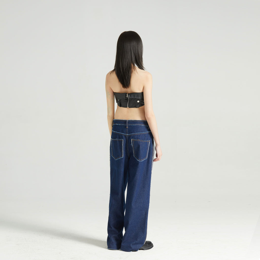 Unisex Low-Rise Raw Edge Washed Wide Leg Jeans