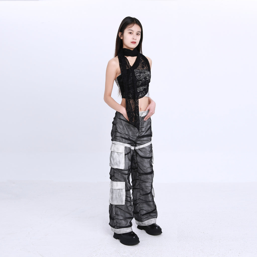 Lace Denim Halter Tube Top with Extra Long Lace Scarf