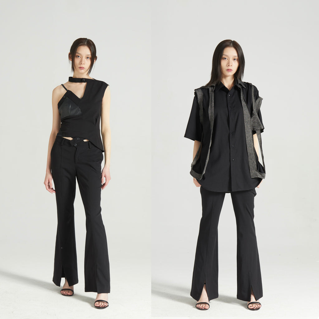 Wrap Strap Double Waist Micro Flare Trousers with Center Front Slit