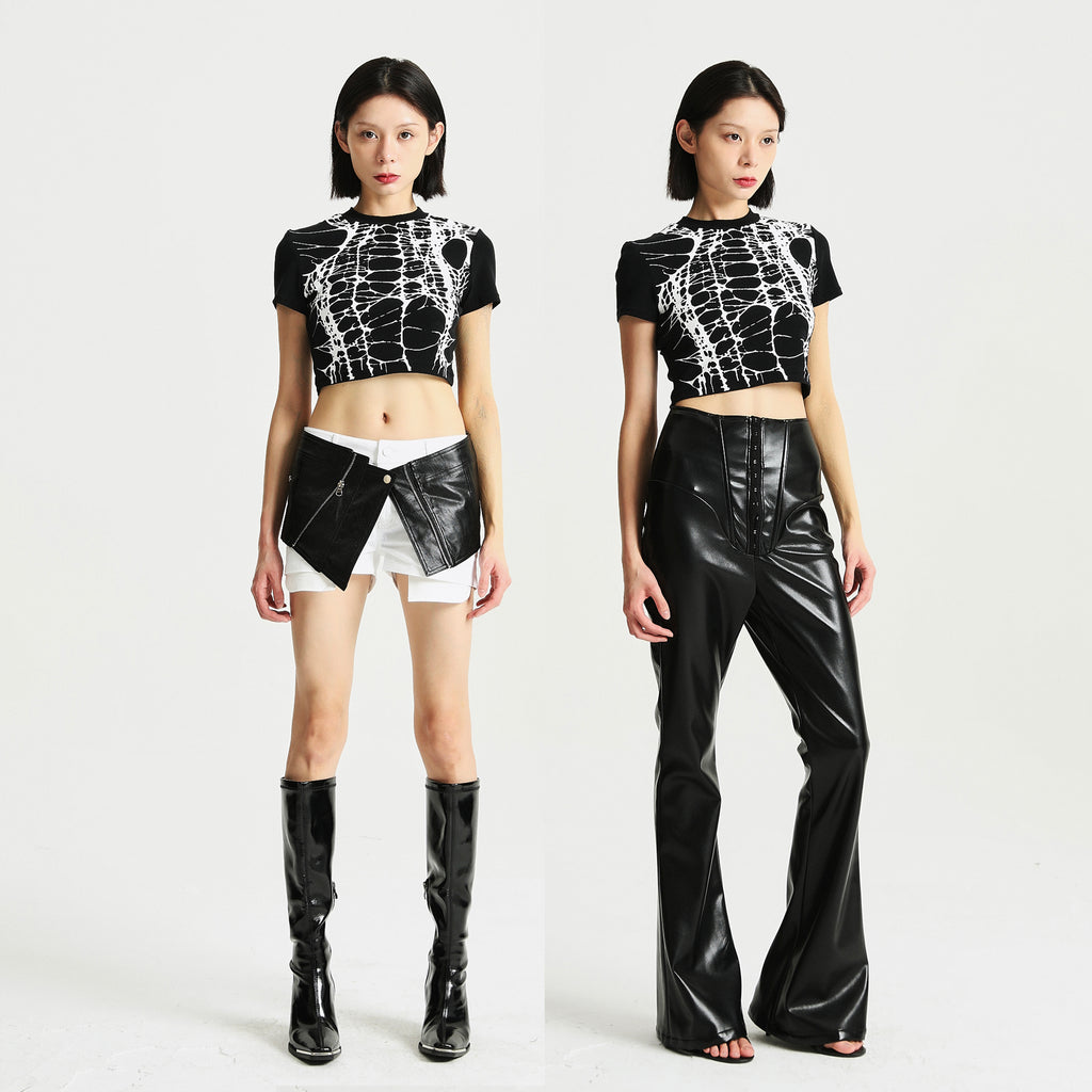 Printed Fitted High Waist Black T-shirt