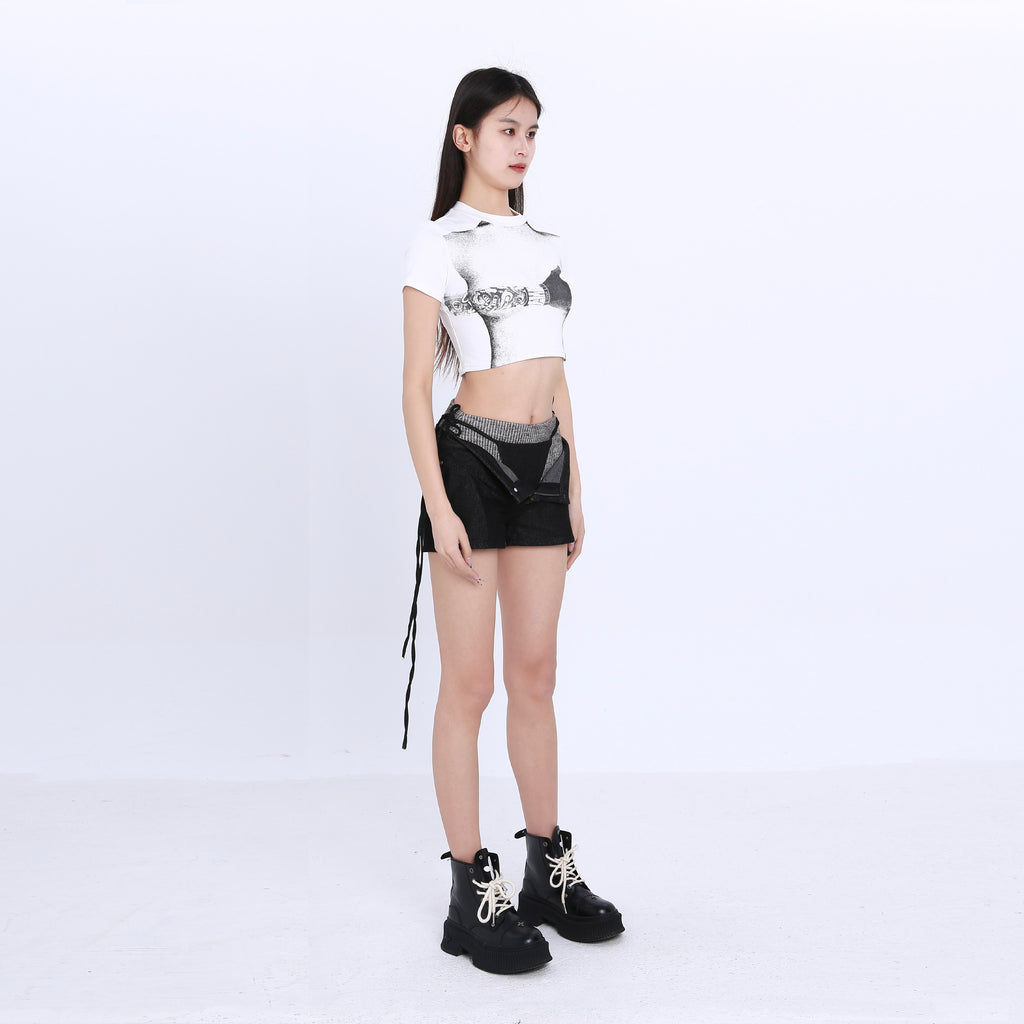 Striped Knit Patchwork Denim Hot Shorts, Two Ways To Wear