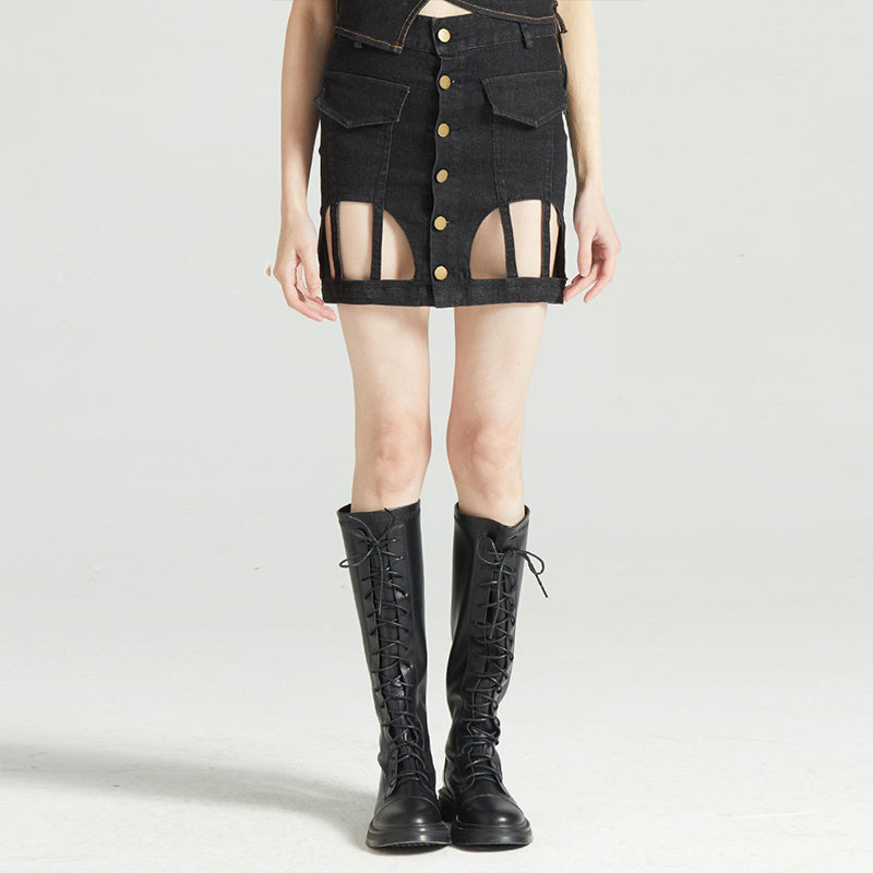 Low Rise Cutout Bodycon Denim Skirt