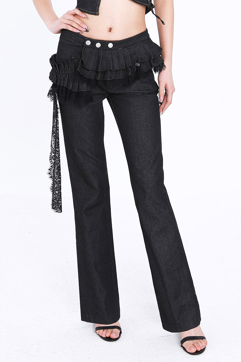 Asymmetrical Pleated Ruffle Denim Skirt Pants with Lace Sash