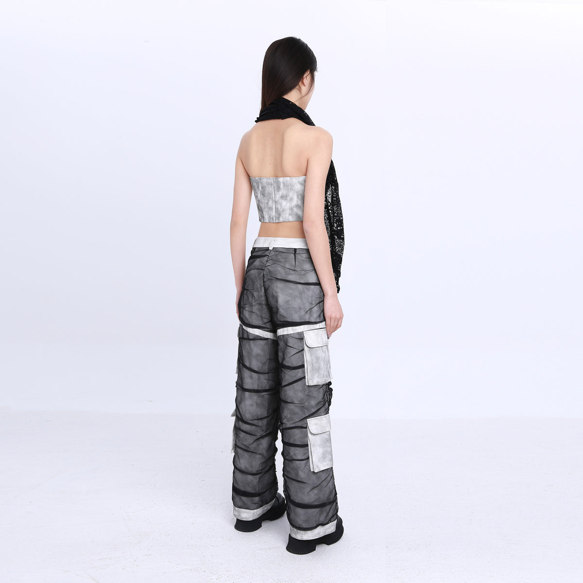 Lace Denim Halter Tube Top with Extra Long Lace Scarf