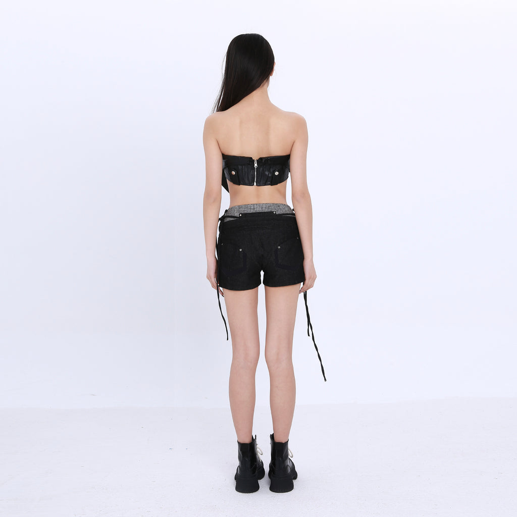 Striped Knit Patchwork Denim Hot Shorts, Two Ways To Wear