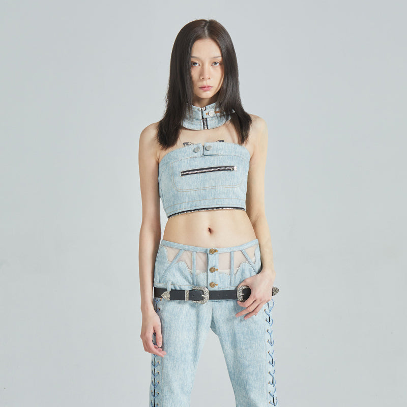 Collar Tube Top & Boned Waist Micro Flare Pants Denim Set