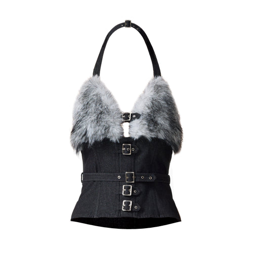 furry halter denim corset top