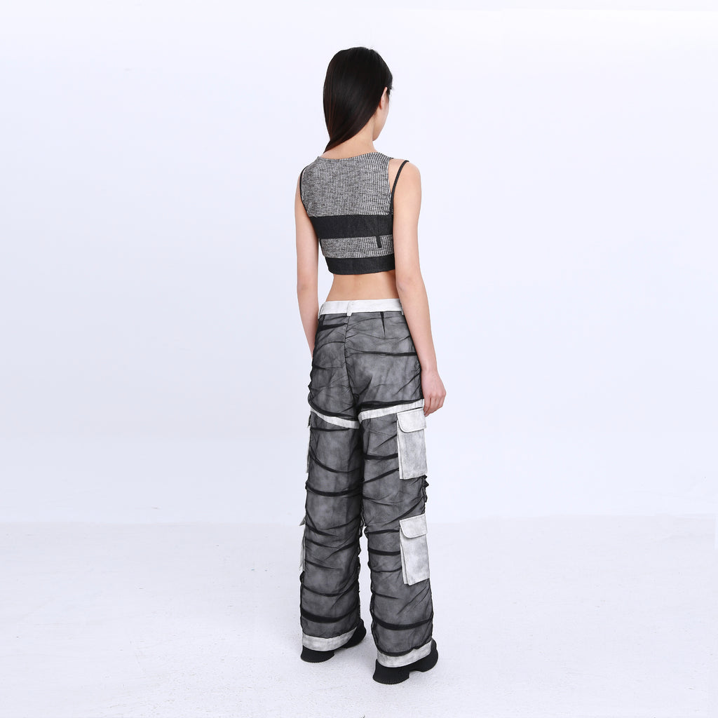 Striped Knit Denim Patchwork High-Rise Crop Tank Top With Built-In Bra Pads