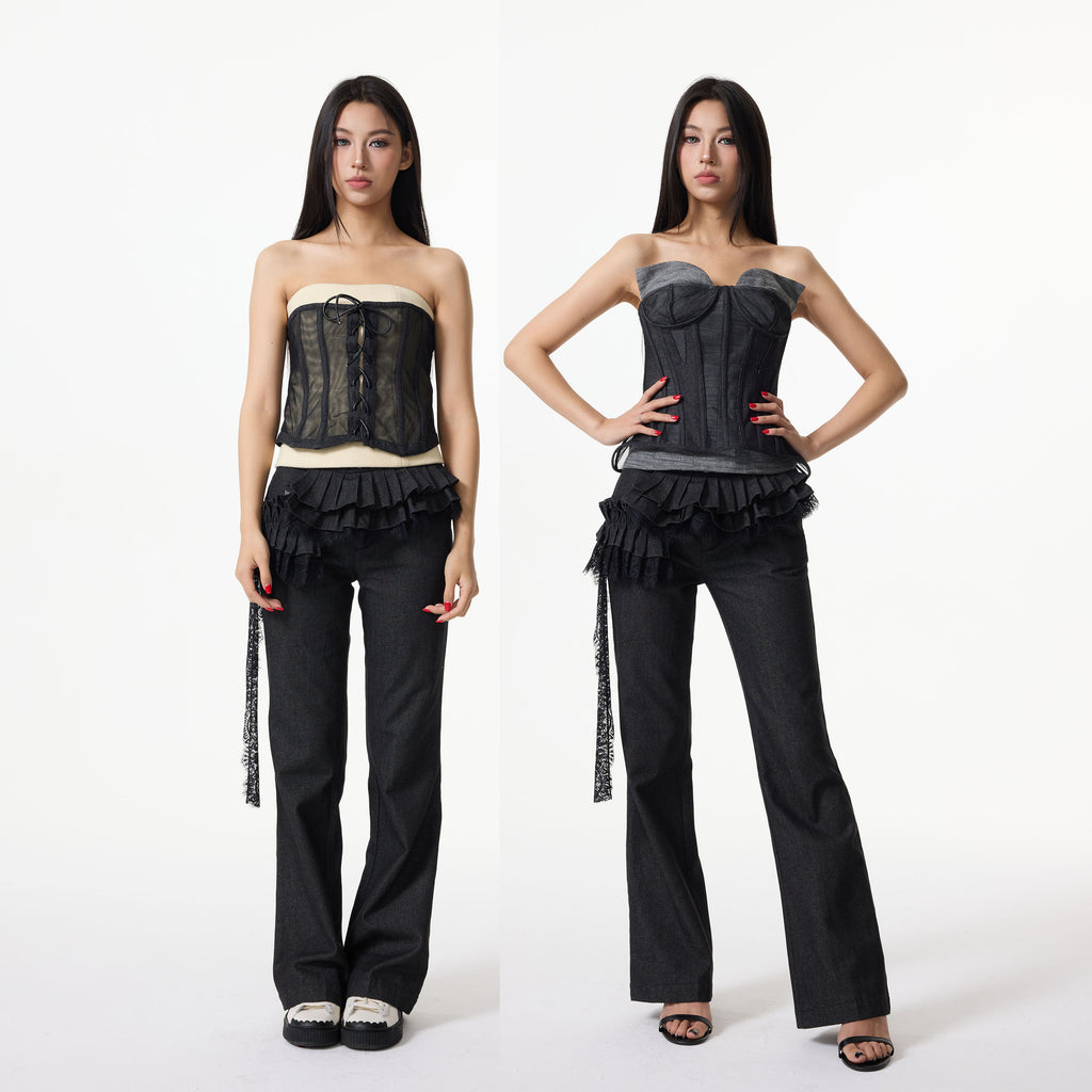 Asymmetrical Pleated Ruffle Denim Skirt Pants with Lace Sash