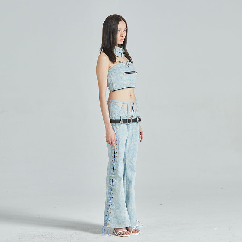 Collar Tube Top & Boned Waist Micro Flare Pants Denim Set