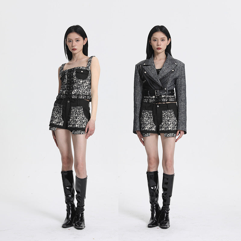 Wool Lace-Up Cami Vest & Wool Shorts Two-Piece Set