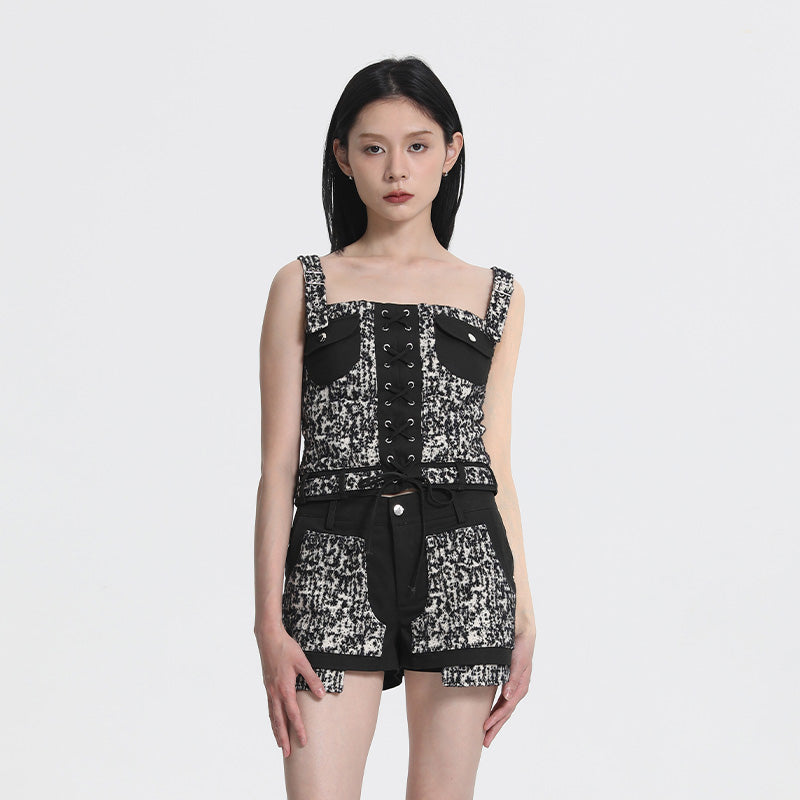 Wool Lace-Up Cami Vest & Wool Shorts Two-Piece Set