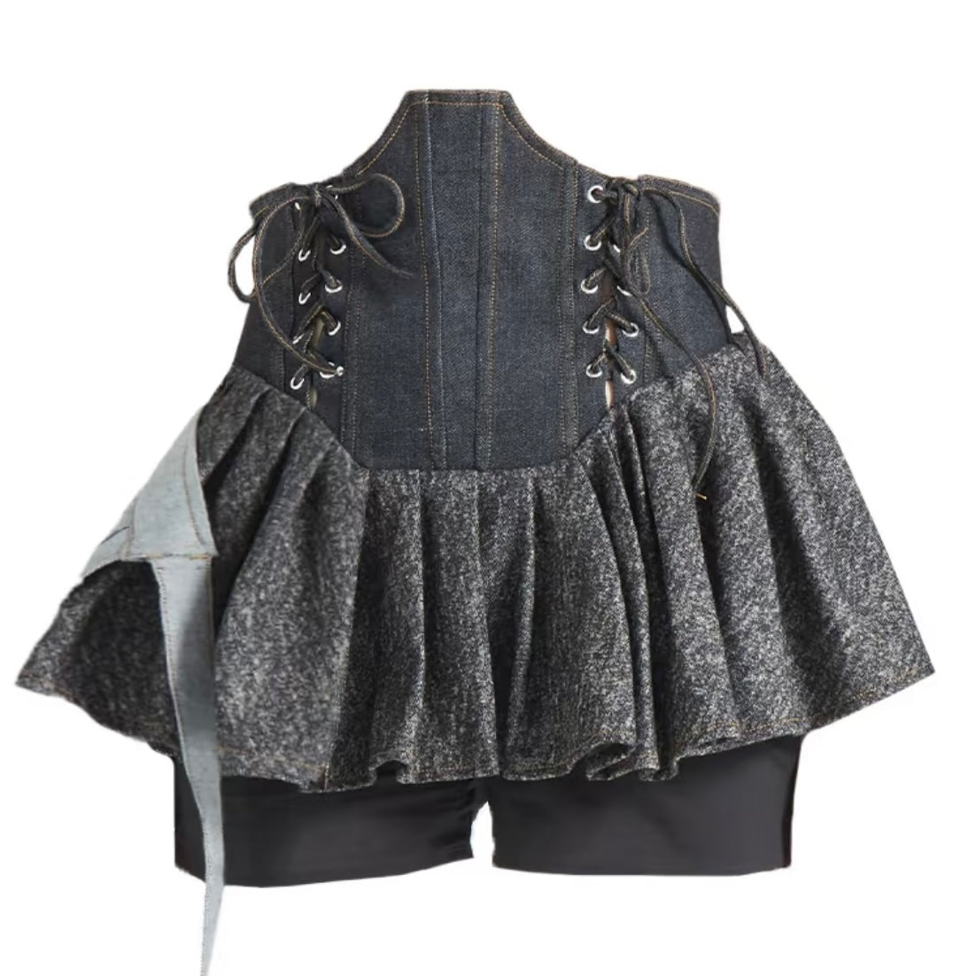 High-Waisted Boned Denim Asymmetrical Ruffled Skort