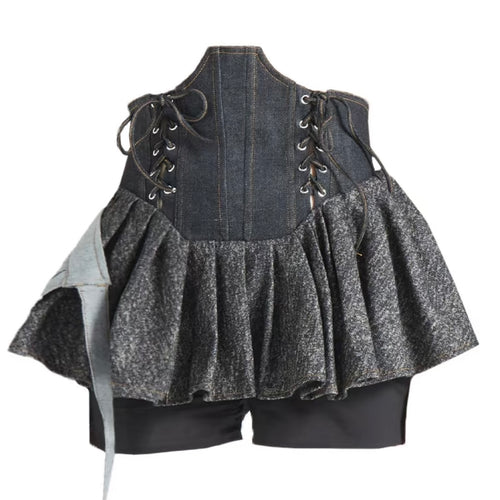 High-Waisted Boned Denim Asymmetrical Ruffled Skort