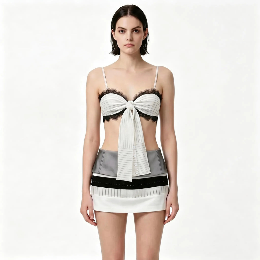 Lace Trim Big Front Bow Cami Top & Layered Panel Mini Skirt Set
