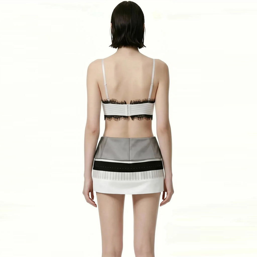 Lace Trim Big Front Bow Cami Top & Layered Panel Mini Skirt Set