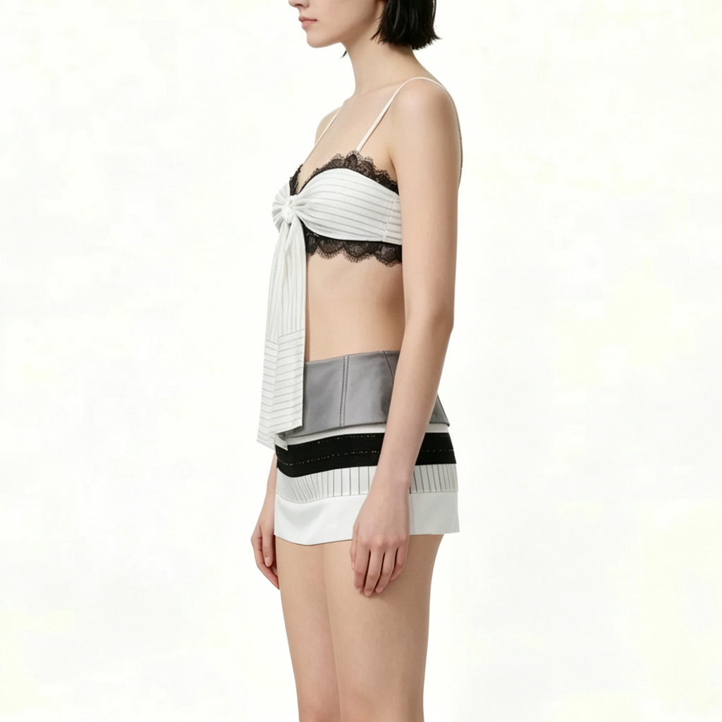 Lace Trim Big Front Bow Cami Top & Layered Panel Mini Skirt Set