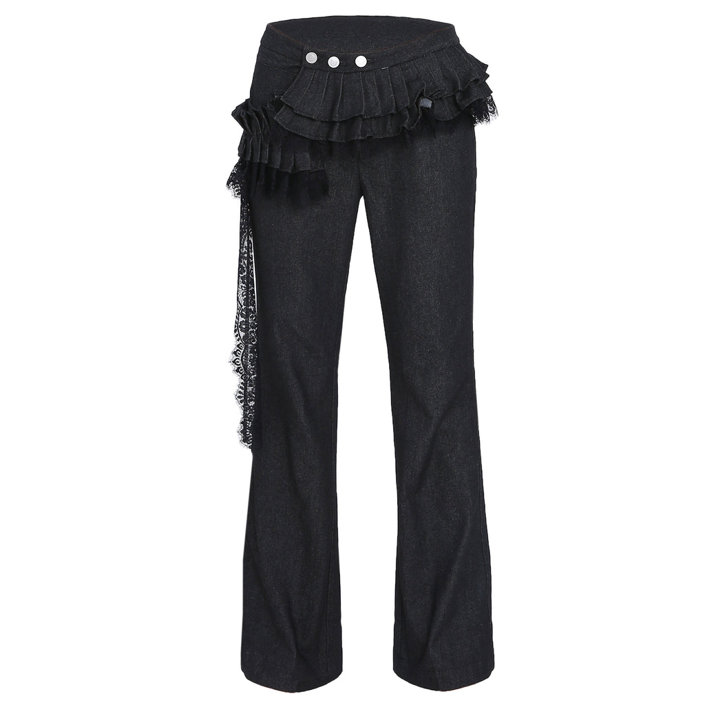 Asymmetrical Pleated Ruffle Denim Skirt Pants with Lace Sash
