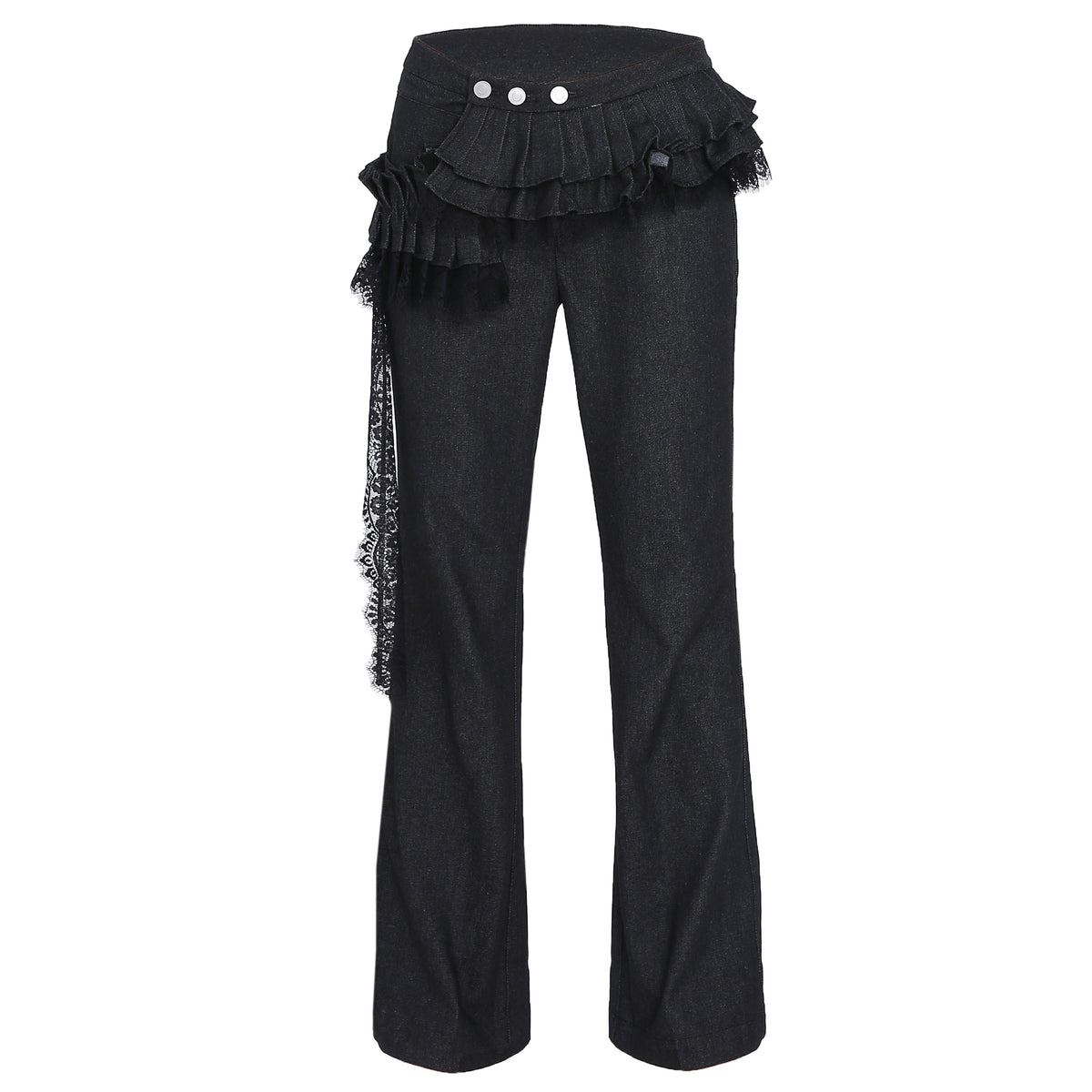 Asymmetrical Pleated Ruffle Denim Skirt Pants with Lace Sash
