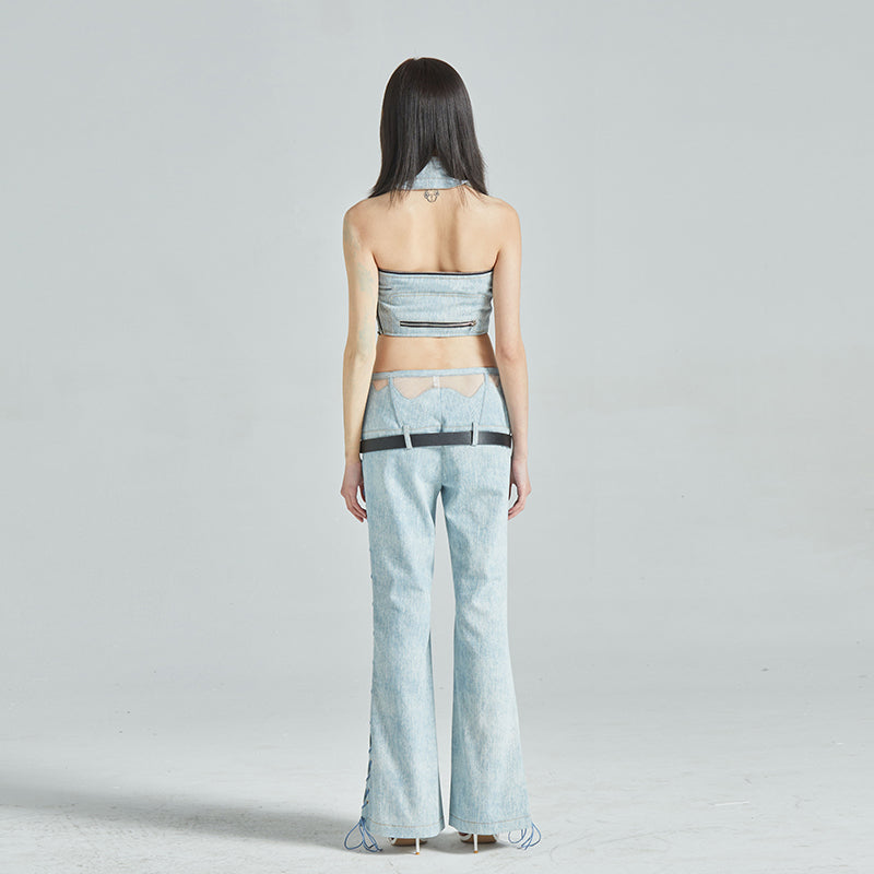Collar Tube Top & Boned Waist Micro Flare Pants Denim Set
