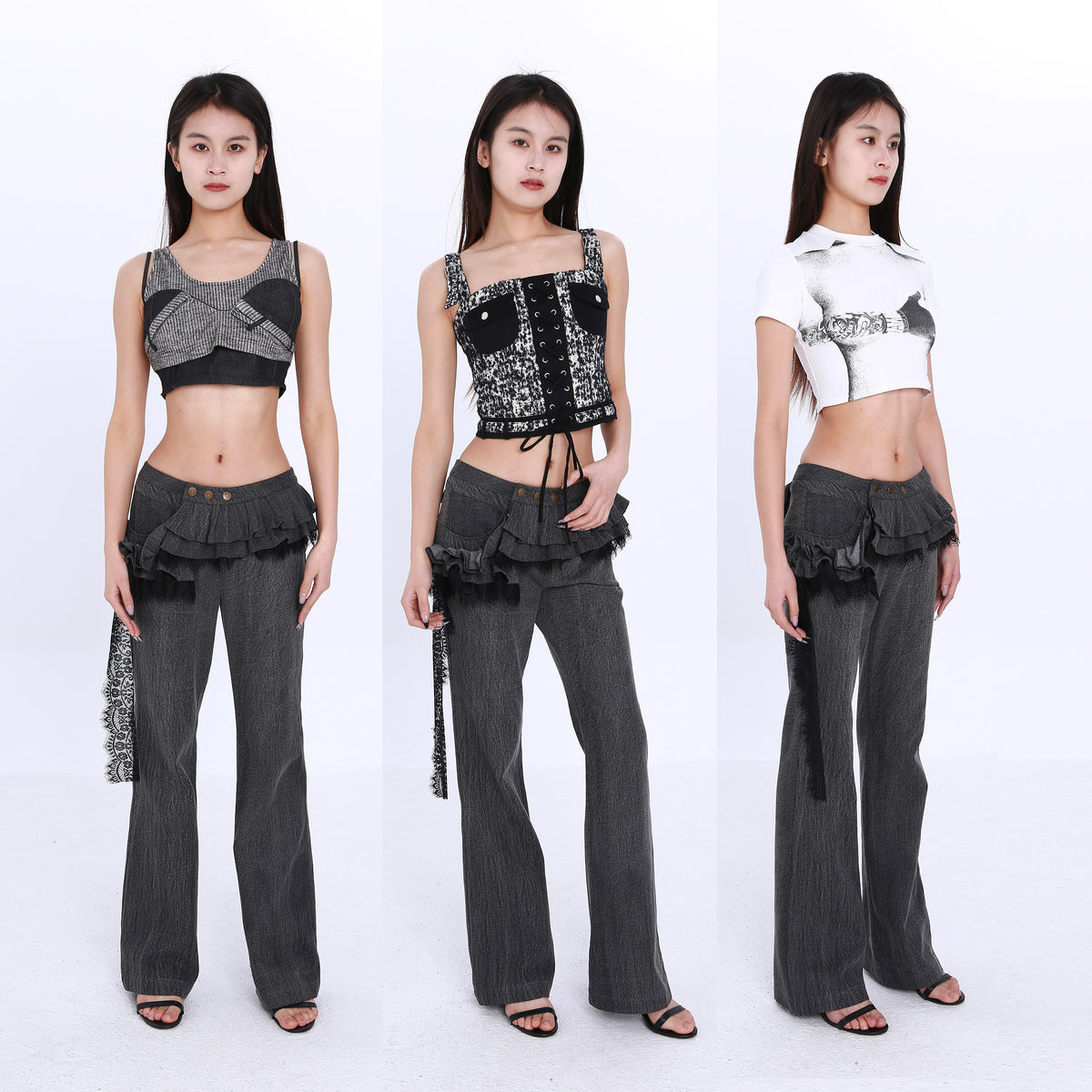 Asymmetrical Pleated Ruffle Denim Skirt Pants with Lace Sash