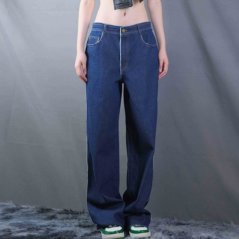 Unisex Low-Rise Raw Edge Washed Wide Leg Jeans