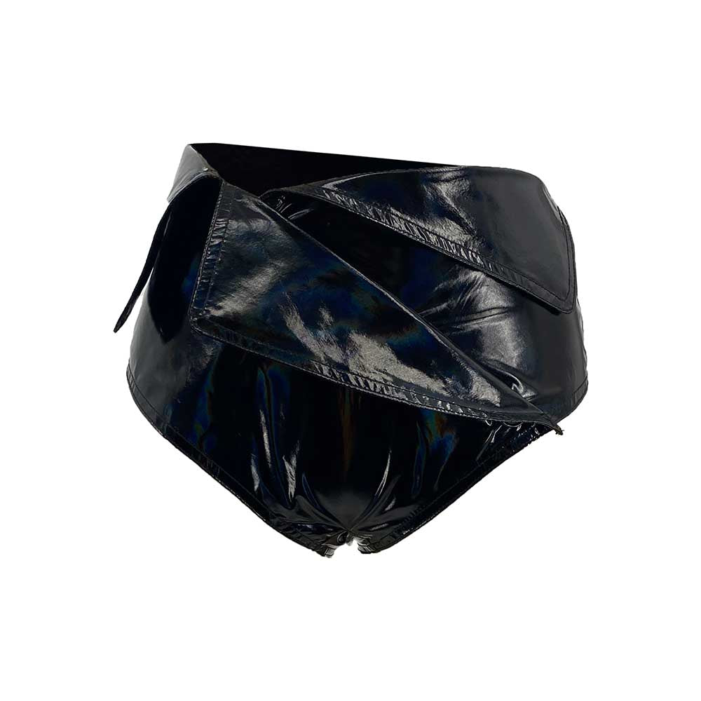 High-Waisted PU Leather Triangle Shorts with Trench Coat Structure