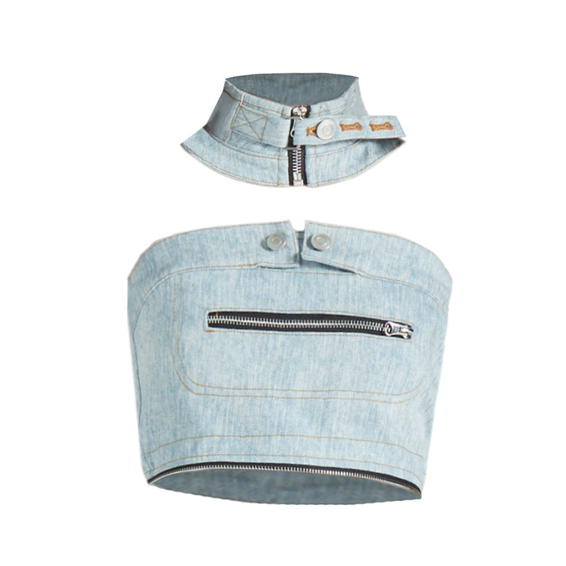 Collar Tube Top & Boned Waist Micro Flare Pants Denim Set