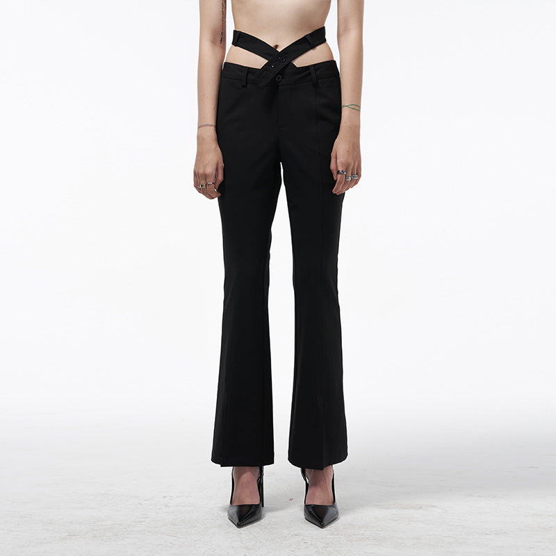 Wrap Strap Double Waist Micro Flare Trousers with Center Front Slit
