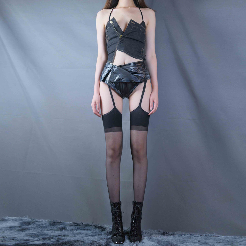 High-Waisted PU Leather Triangle Shorts with Trench Coat Structure