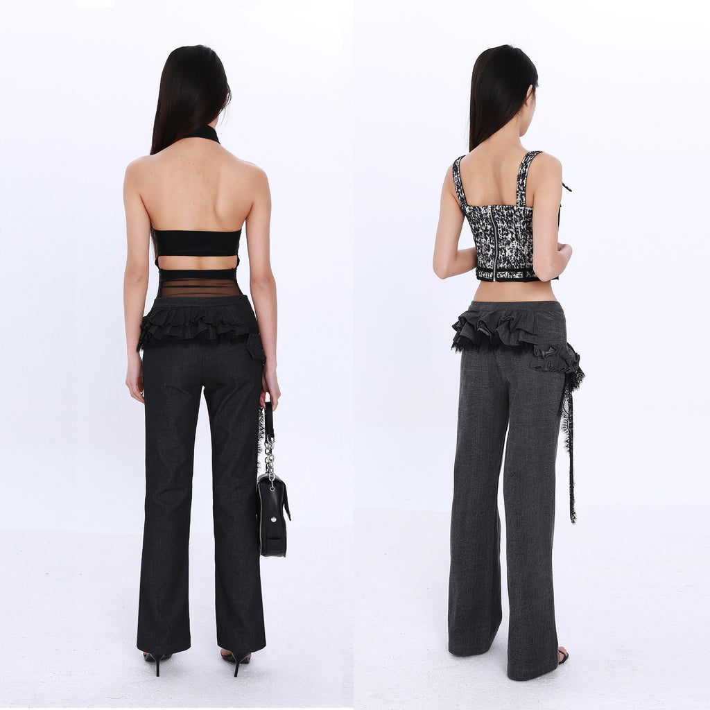 Asymmetrical Pleated Ruffle Denim Skirt Pants with Lace Sash