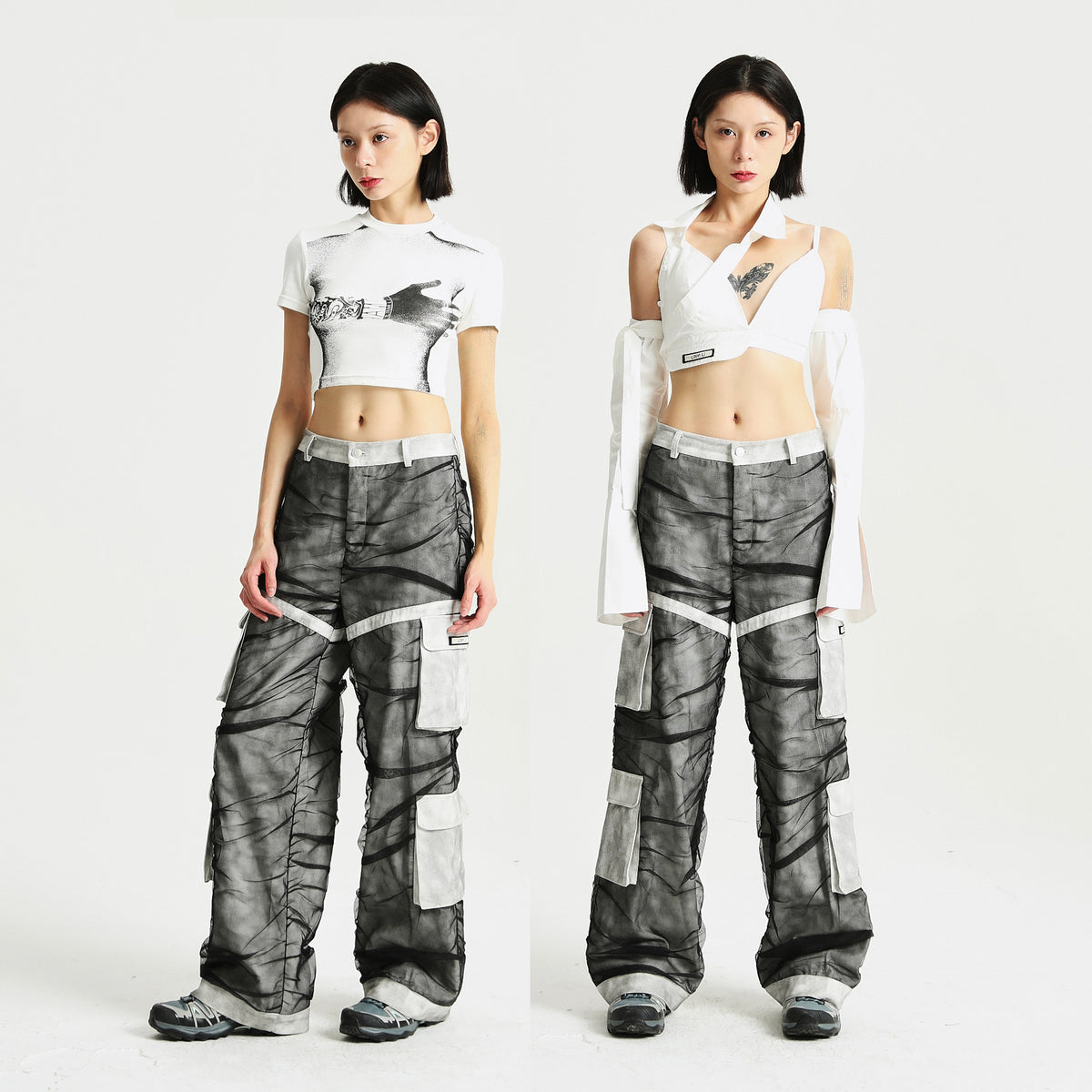Unisex Mesh Denim Panel Loose Straight Cargo Pants