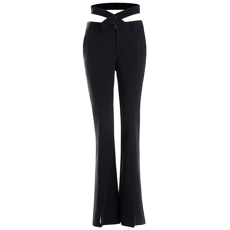 Wrap Strap Double Waist Micro Flare Trousers with Center Front Slit