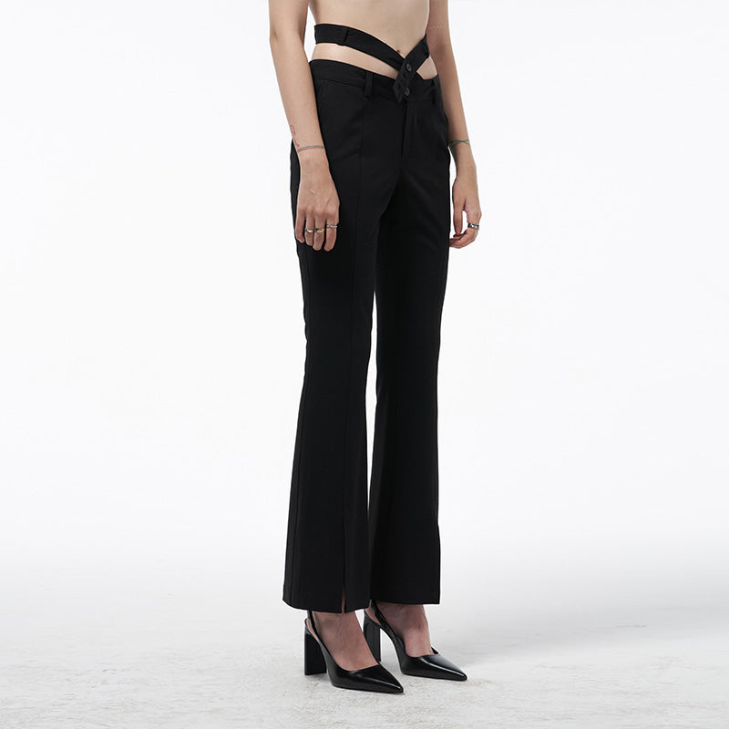 Wrap Strap Double Waist Micro Flare Trousers with Center Front Slit
