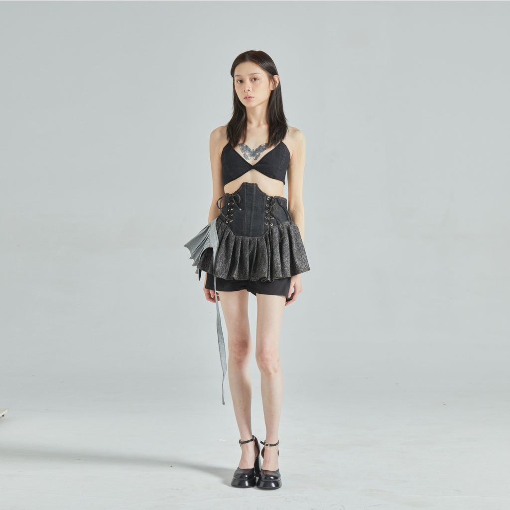 High-Waisted Boned Denim Asymmetrical Ruffled Skort
