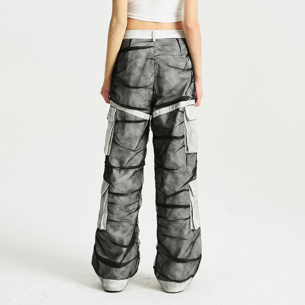 Unisex Mesh Denim Panel Loose Straight Cargo Pants