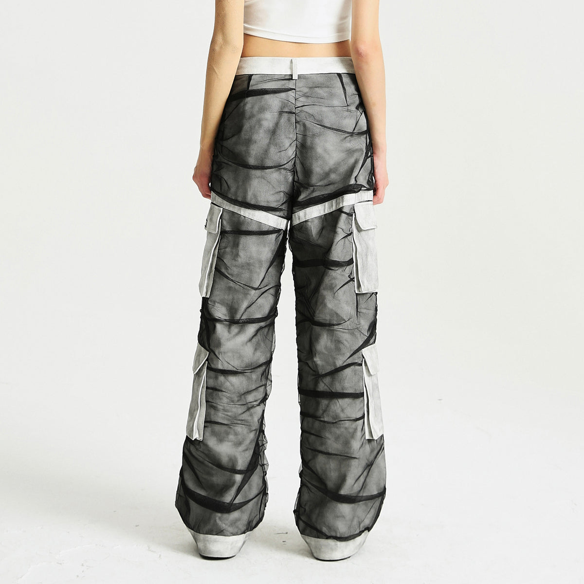 Unisex Mesh Denim Panel Loose Straight Cargo Pants
