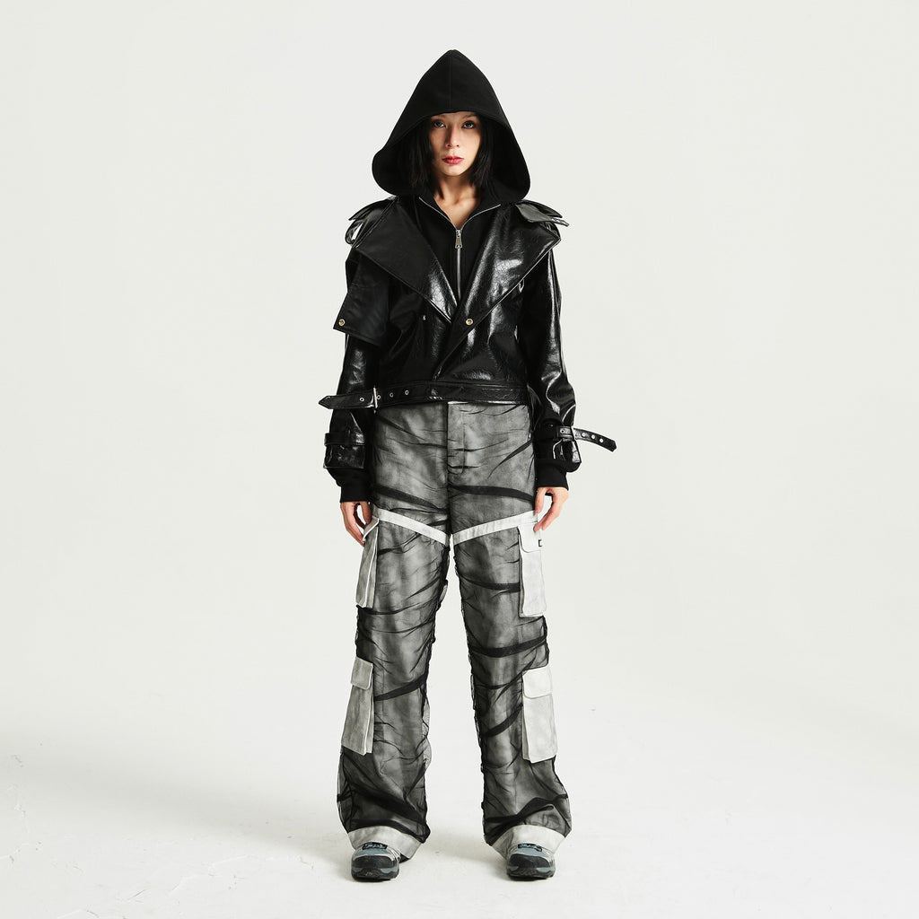 Unisex Mesh Denim Panel Loose Straight Cargo Pants