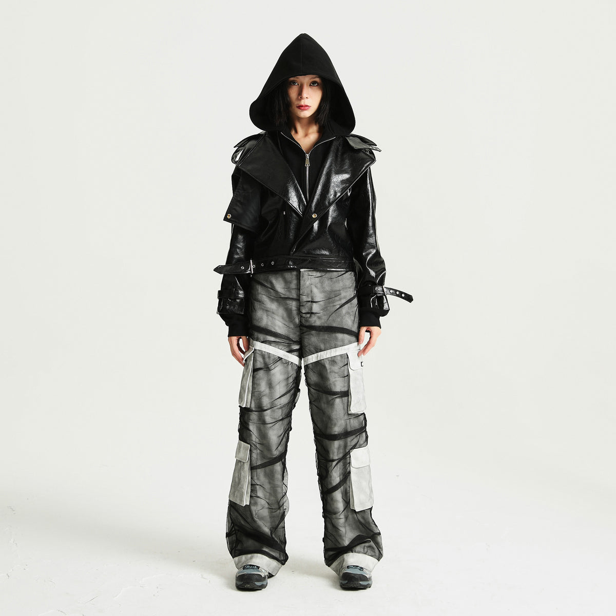 Unisex Mesh Denim Panel Loose Straight Cargo Pants