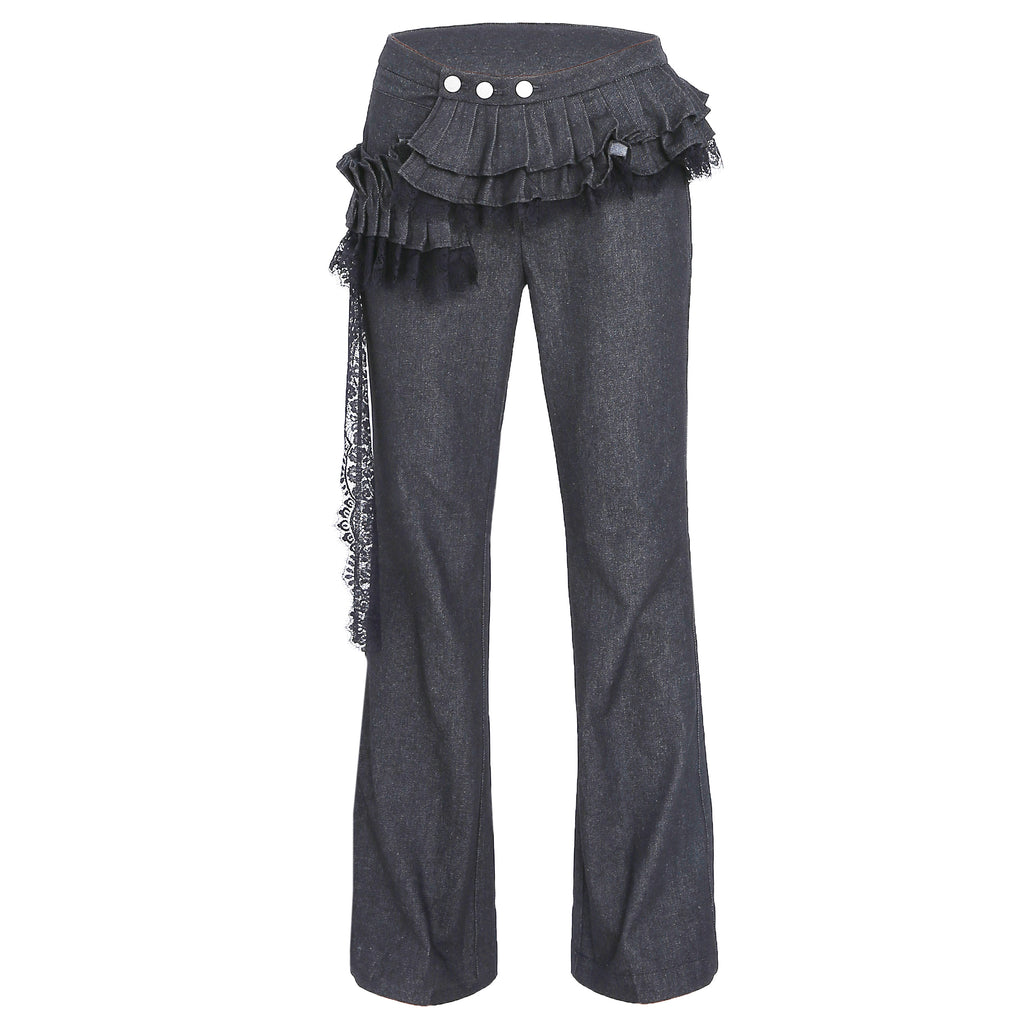 Asymmetrical Pleated Ruffle Denim Skirt Pants with Lace Sash